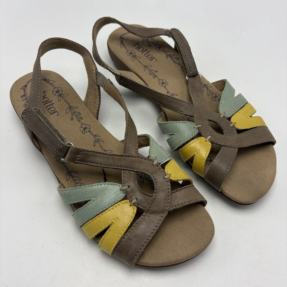 Hotter Minorca Sandals Womens 7 Beige Leather Yellow Strappy Spring Casual Flat